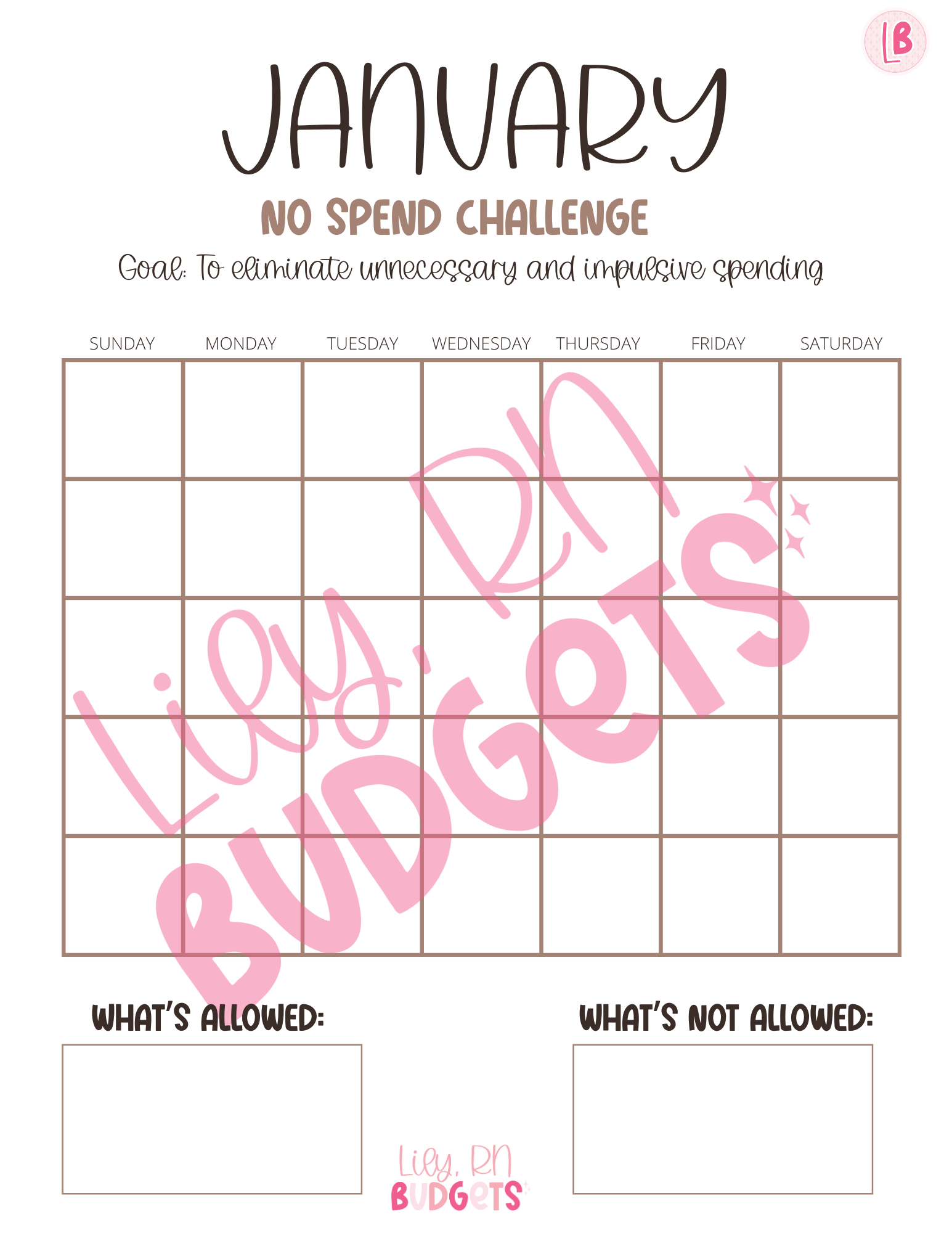 NEUTRAL No Spend Month Calendar (12 months) - Digital Download